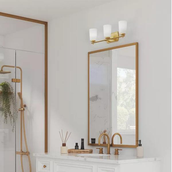 3 Light 120 volt Satin Brass Vanity Etched Opal Glass Light Fixture 4