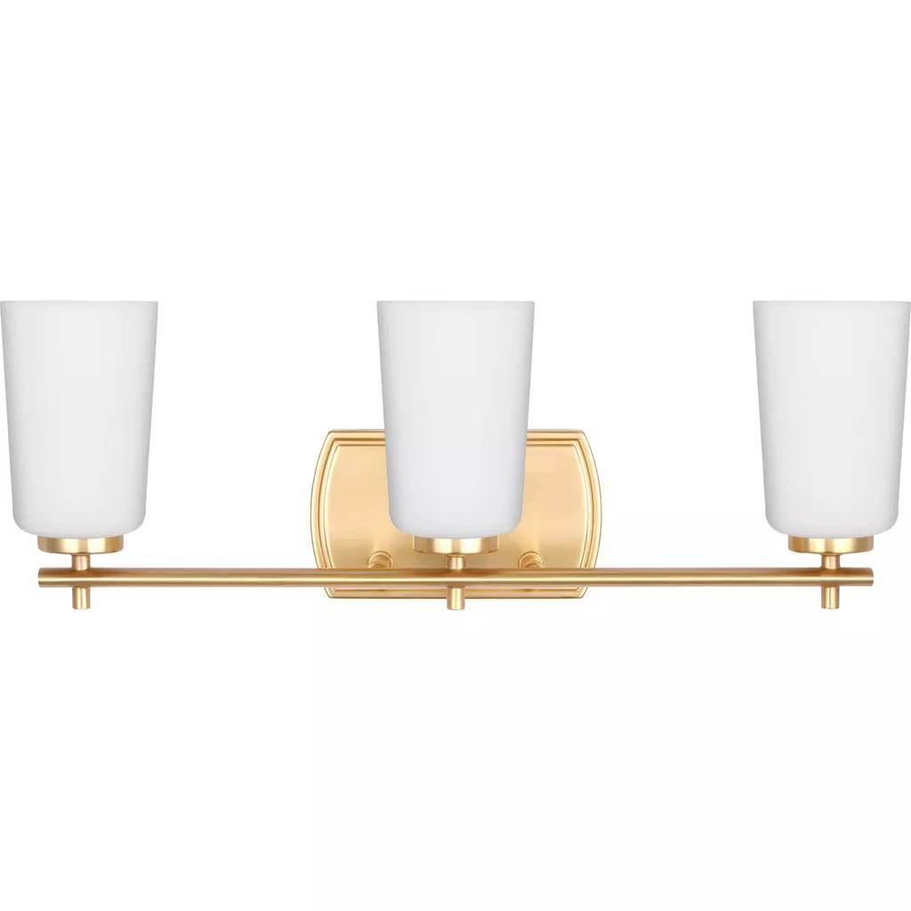 3 Light 120 volt Satin Brass Vanity Etched Opal Glass Light Fixture 1