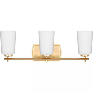 3 Light 120 volt Satin Brass Vanity Etched Opal Glass Light Fixture 1