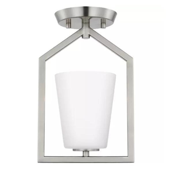 1 Light 120 volt Brushed Nickel Etched White Glass Shade Semi-Flush Ceiling Light Fixture 1