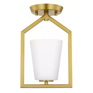 1 Light 120 volt Brushed Gold Etched White Glass Shade Semi-Flush Ceiling Light Fixture 1
