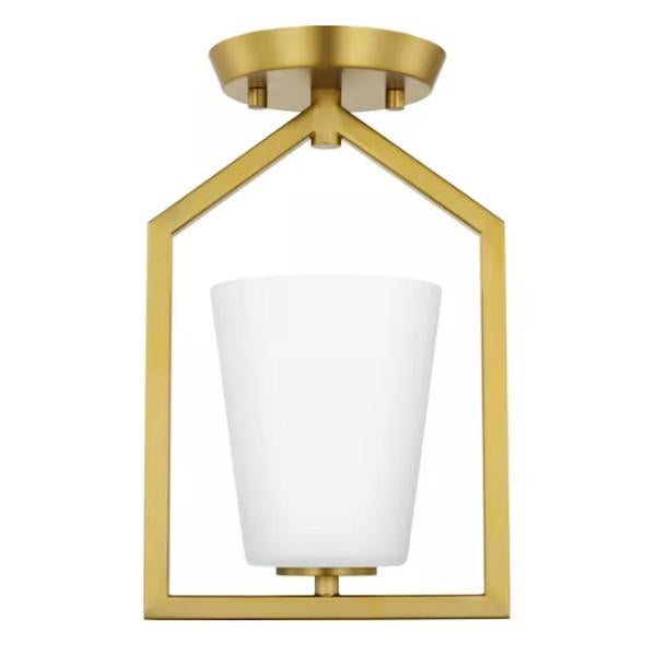 1 Light 120 volt Brushed Gold Etched White Glass Shade Semi-Flush Ceiling Light Fixture 1