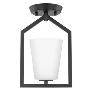 1 Light 120 volt Matte Black Etched White Glass Shade Semi-Flush Ceiling Light Fixture 1