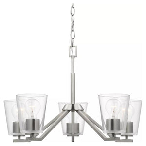 5 Light Brushed Nickel Clear Glass Shade Chandelier Light Fixture 1
