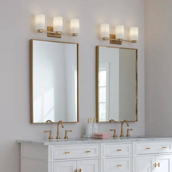 3 Light 120 volt Brushed Gold Vanity Etched Glass Light Fixture 4