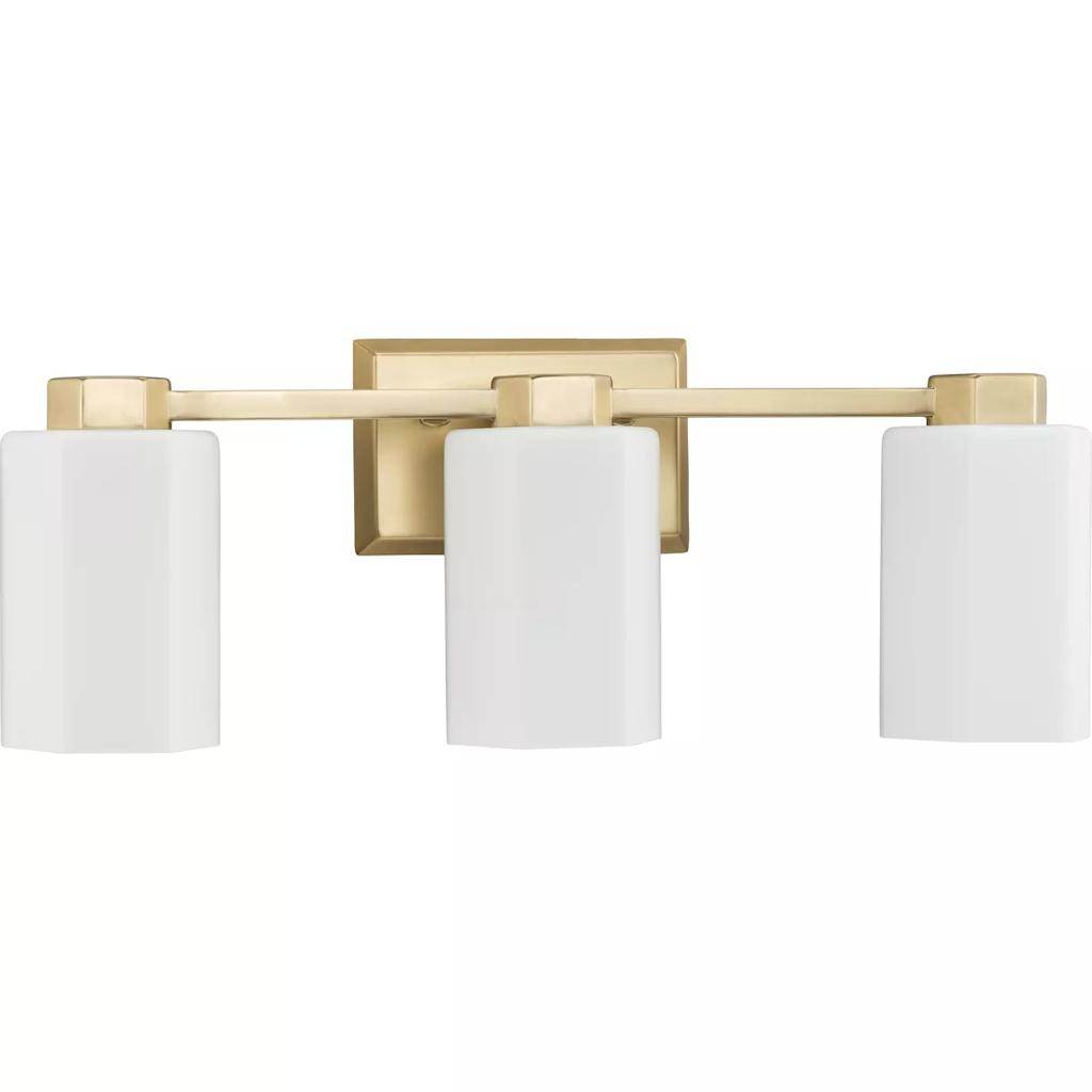 3 Light 120 volt Brushed Gold Vanity Etched Glass Light Fixture 1