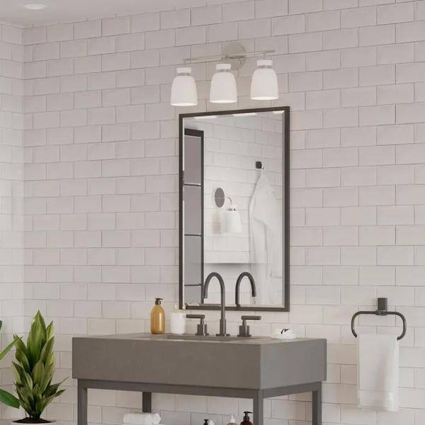 3 Light 120 volt Polished Chrome Vanity Etched Opal Glass Bell Light Fixture 4