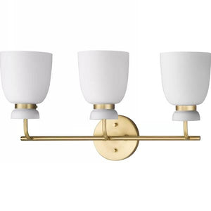 3 Light 120 volt Brushed Gold Vanity Etched Opal Glass Bell Light Fixture 3