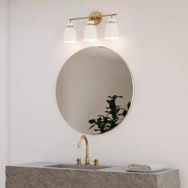 3 Light 120 volt Brushed Gold Vanity Etched Opal Glass Bell Light Fixture 4