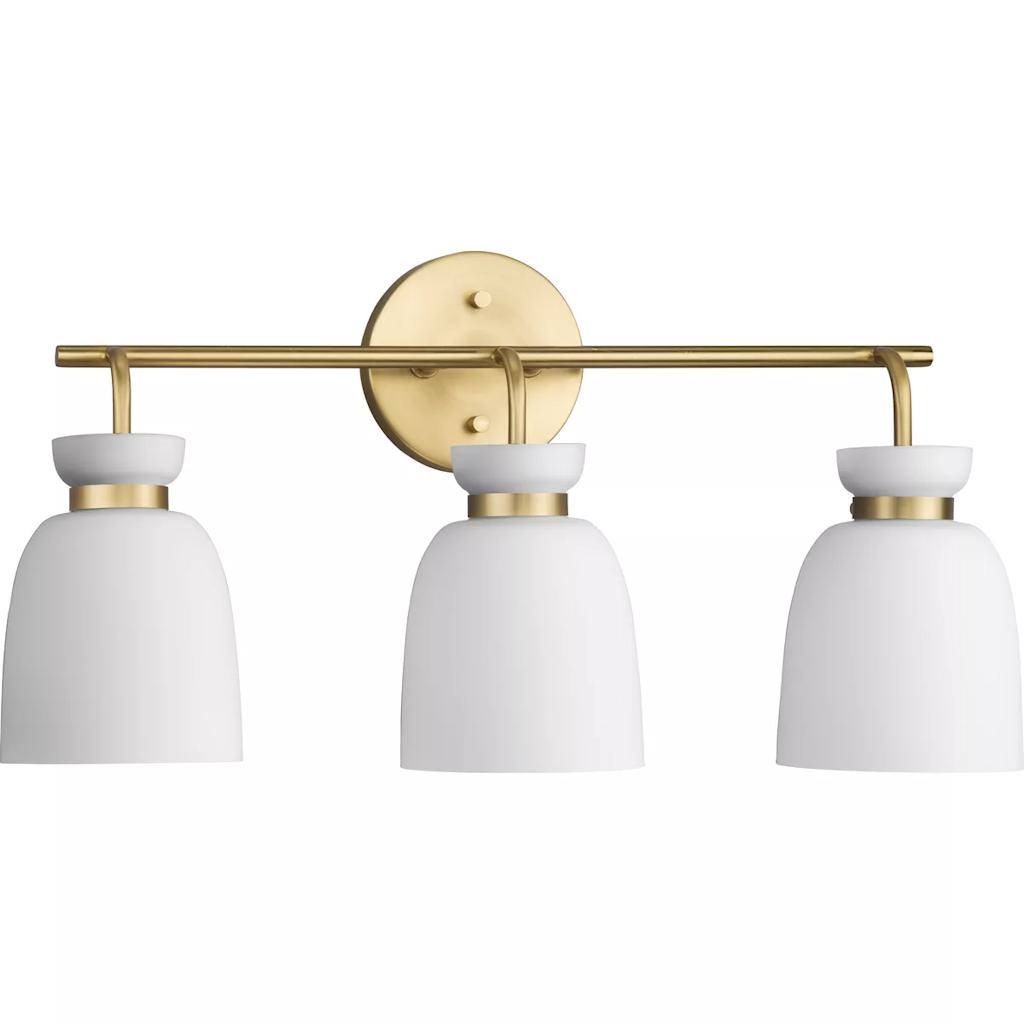 3 Light 120 volt Brushed Gold Vanity Etched Opal Glass Bell Light Fixture 1