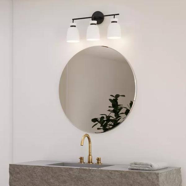 3 Light 120 volt Matte Black Vanity Etched Opal Glass Bell Light Fixture 5