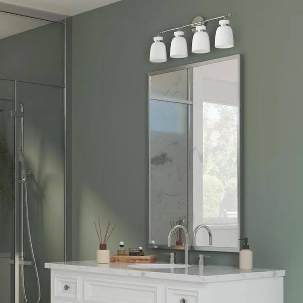 4 Light 120 volt Polished Chrome Vanity Etched Opal Glass Bell Light Fixture 4