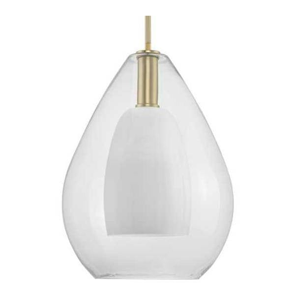 1 Light Brushed Gold Clear Glass Bell with Opal Glass Shade Pendant Light Fixture 1