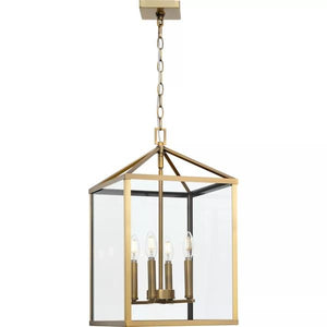 4 Light Vintage Brass Clear Tempered Glass Panels Hall & Foyer Pendant Light Fixture 4