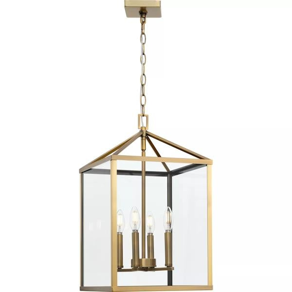 4 Light Vintage Brass Clear Tempered Glass Panels Hall & Foyer Pendant Light Fixture 4