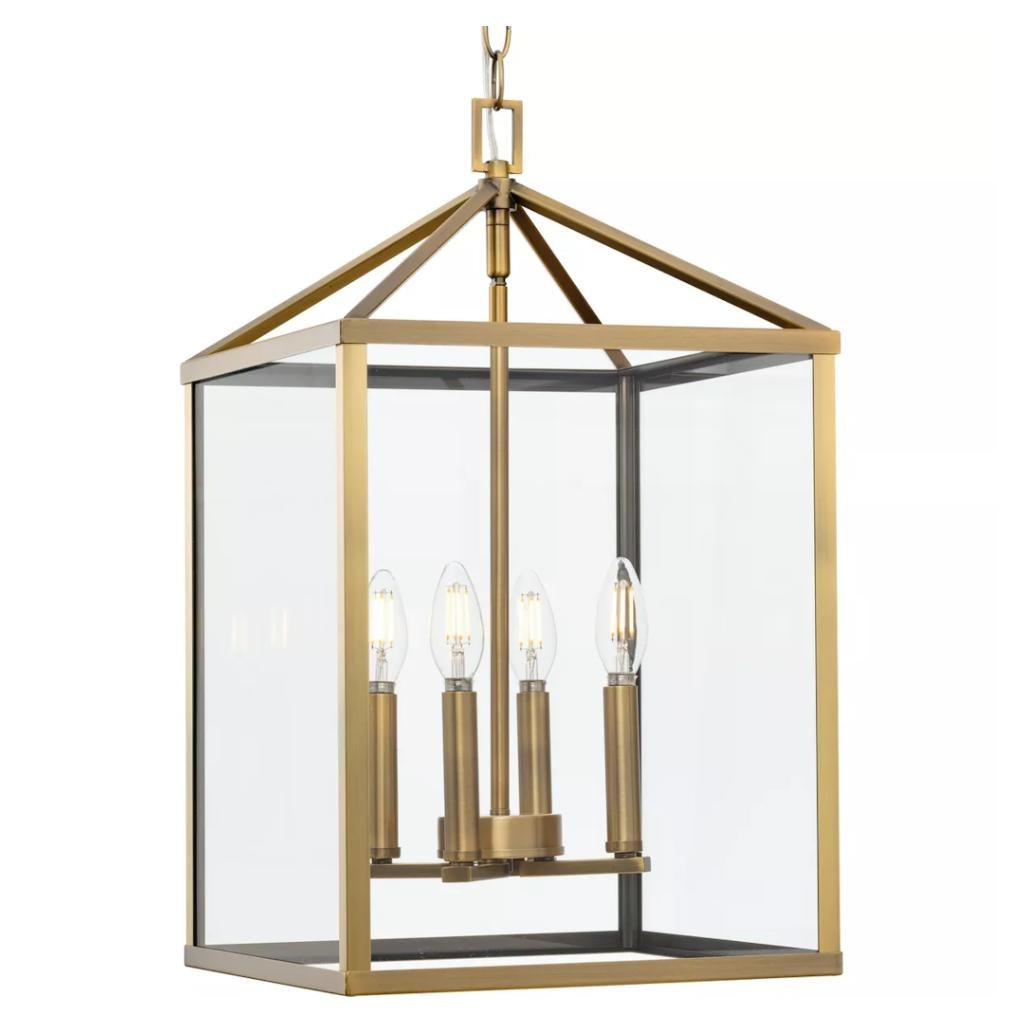 4 Light Vintage Brass Clear Tempered Glass Panels Hall & Foyer Pendant Light Fixture 1