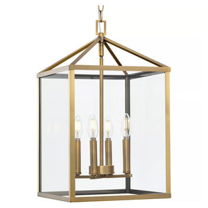 4 Light Vintage Brass Clear Tempered Glass Panels Hall & Foyer Pendant Light Fixture 1
