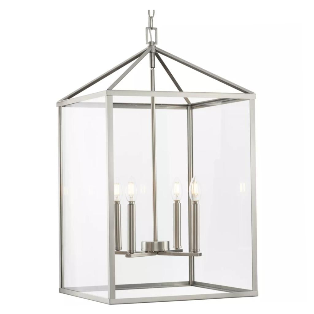 4 Light Brushed Nickel Clear Tempered Glass Panels Hall & Foyer Pendant Light Fixture 1