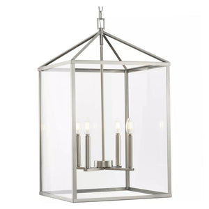 4 Light Brushed Nickel Clear Tempered Glass Panels Hall & Foyer Pendant Light Fixture 1