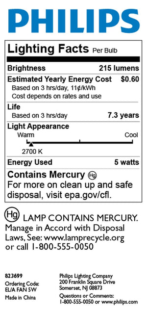 5 watt 120 volt A19 Medium Screw Base 2700K Warm White CFL 2
