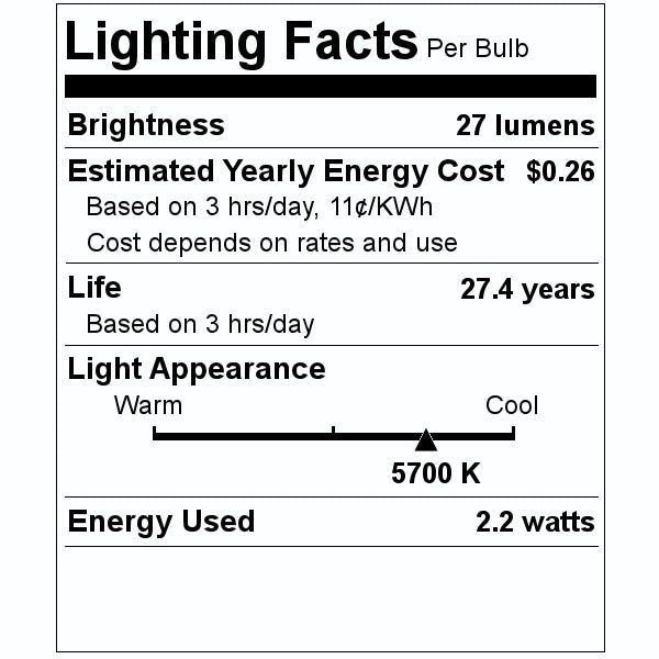 2.2 watt 110/130 volt S11 Medium Screw Base 5700K Daylight Non-Dimmable LED 2