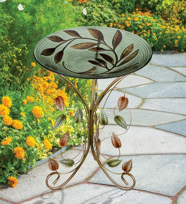 18" Leaves Birdbath/Feeder with Decorative Stand 3