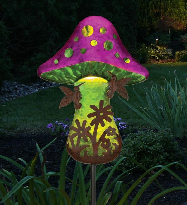 32" Fantasy Hummingbird Mushroom Solar Stake 3