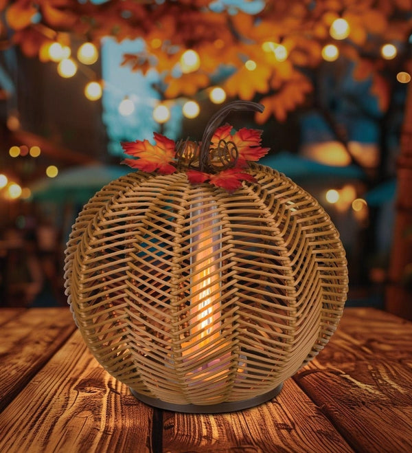 10" Round LED Light Pumpkin Wicker Lantern 3