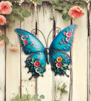 20" Blue Floral Butterfly Wall Décor 3