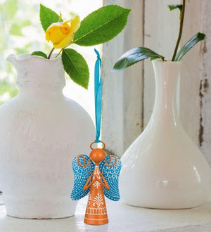 4" Orange Angel Blue Wings Bell Ornament 2
