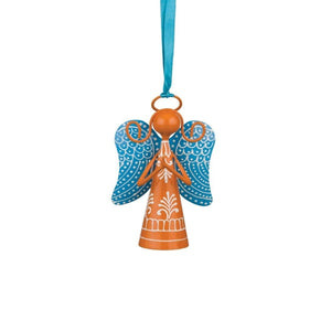 4" Orange Angel Blue Wings Bell Ornament 1