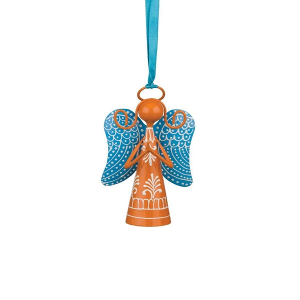 4" Orange Angel Blue Wings Bell Ornament 1