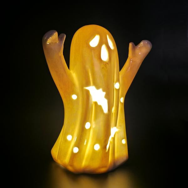 6.3" Lighted Pearlized Ghost with Bat Cutouts Battery Operated Swirl Lantern 2