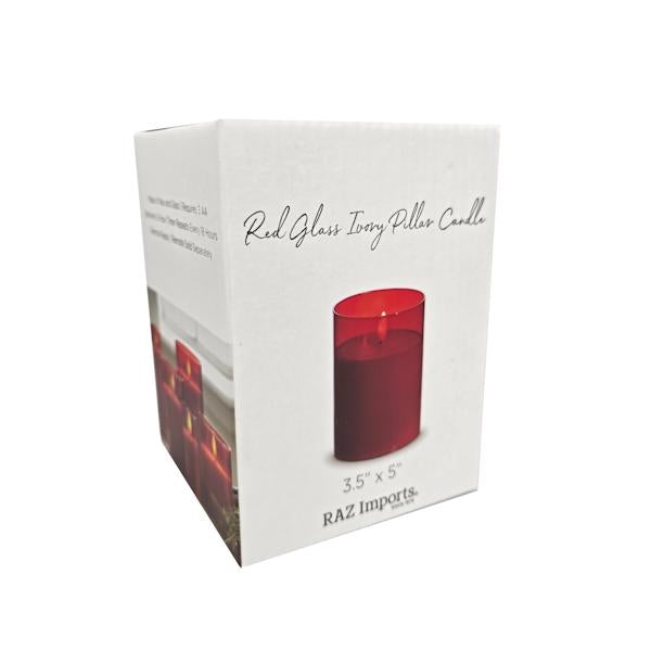 6" Ivory Red Glass LED Wax Battery Operated Pillar Candle with Timer 2