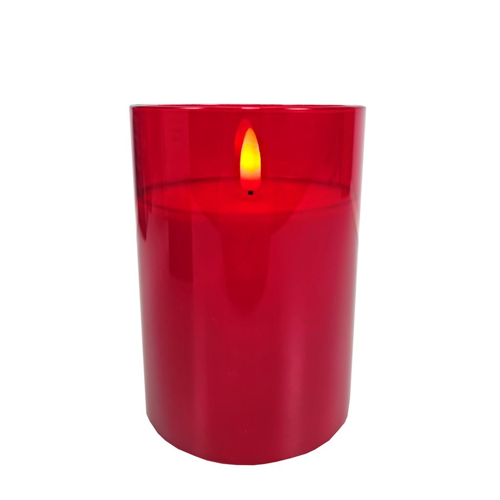 6" Ivory Red Glass LED Wax Battery Operated Pillar Candle with Timer 1