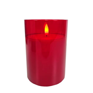 6" Ivory Red Glass LED Wax Battery Operated Pillar Candle with Timer 1