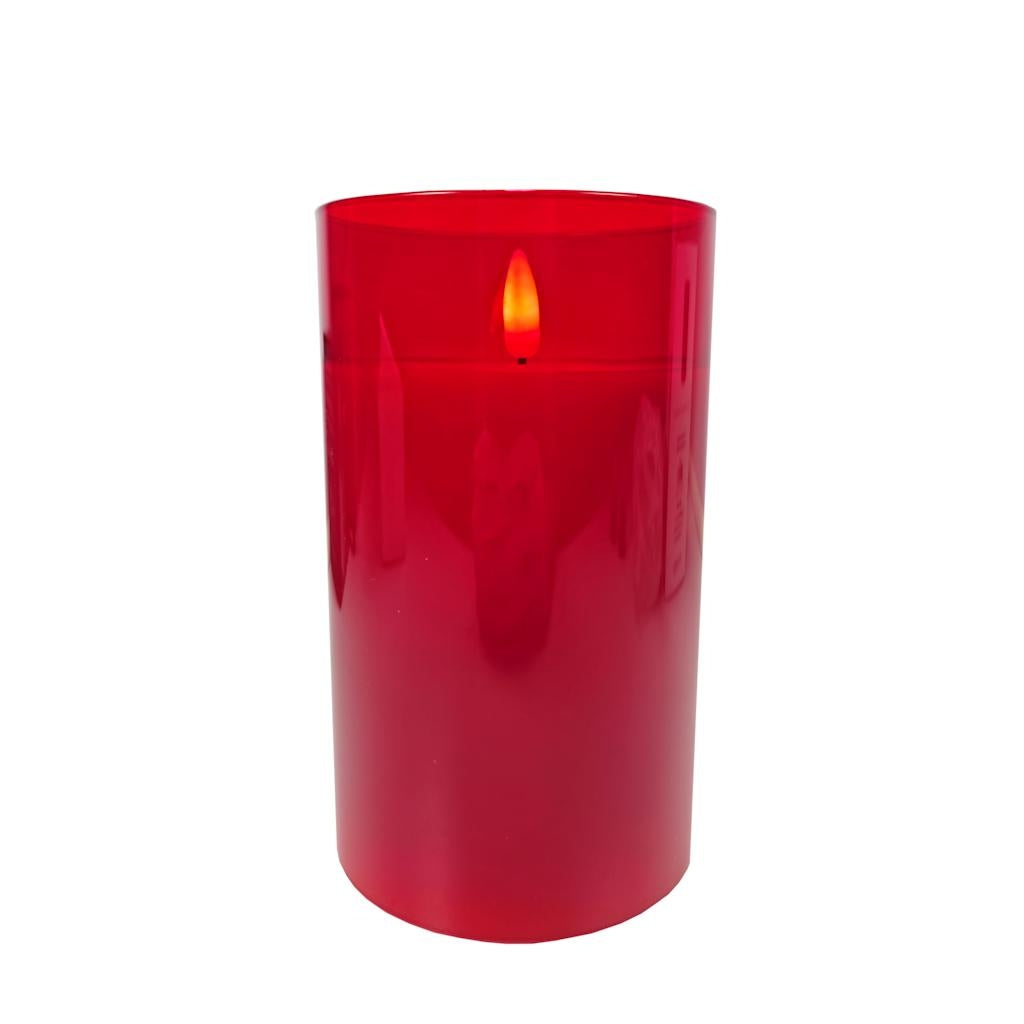 5" Ivory Red Glass LED Wax Battery Operated Pillar Candle with Timer 1