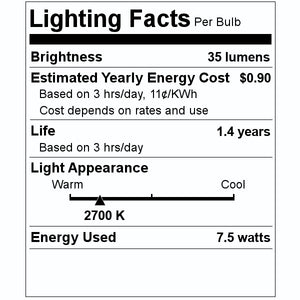 7.5 watt 120 volt CA5 Candelabra Screw Base 2700K Warm White Dimmable 2