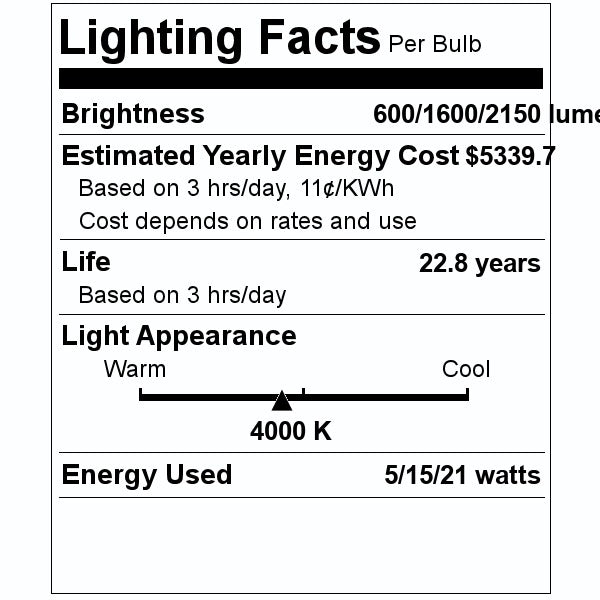 5/15/21 watt 120 volt A21 Medium Screw Base 4000K Cool White Non-Dimmable LED 2