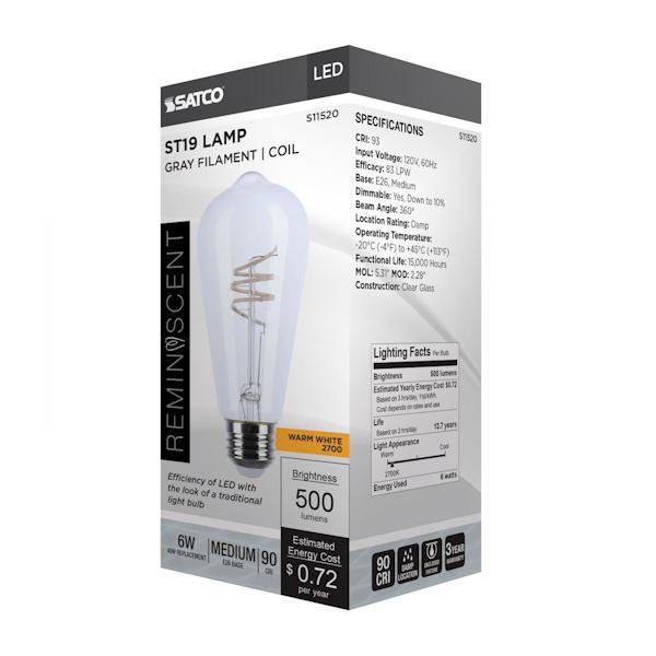 6 watt 120 volt ST19 Medium Screw Base 2700K Warm White Reminiscent Coil Flex Gray Dimmable LED 4