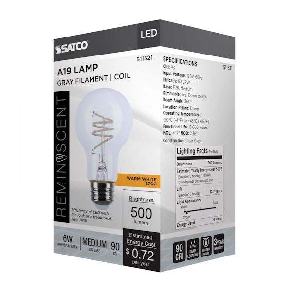 6 watt 120 volt A19 Medium Screw Base 2700K Warm White Reminiscent Coil Flex Gray Dimmable LED 4