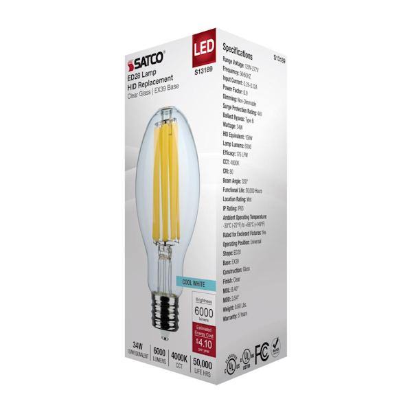 34 watt 120/277 volt ED28 Exclusionary Mogul Screw Base 5000K Daylight Frosted Ballast Bypass Non-Dimmable LED 3