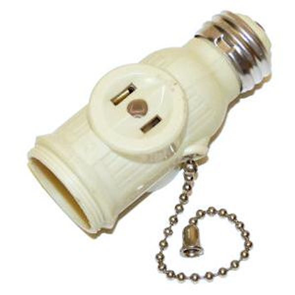Medium Base Ivory Pull Chain Outlet / Socket Adapter with Two Polarized Side Outlets 1