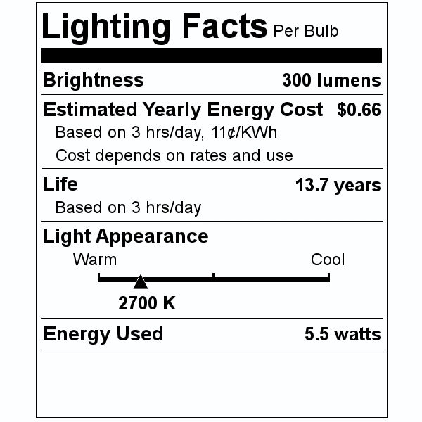 5.5 watt 120 volt B10 Candelabra Screw Base 2700K Warm White Dimmable White Filament LED (4 Pack) 2
