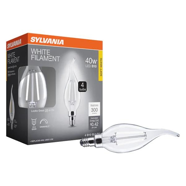 5.5 watt 120 volt B10 Candelabra Screw Base 2700K Warm White Dimmable White Filament LED (4 Pack) 3