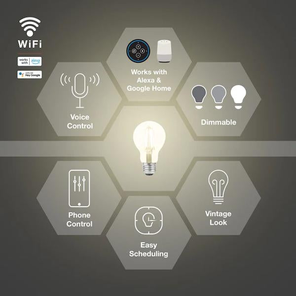 7.5 watt 120 volt A19 Medium Screw Base Warm White Clear Glass Smart Wifi LED Light Bulb 5