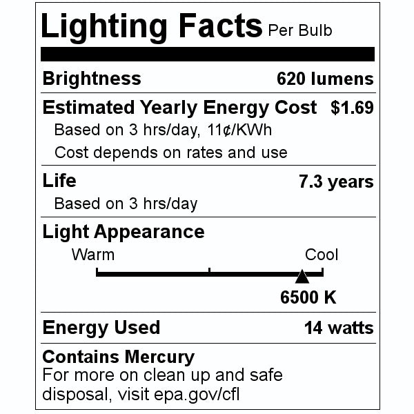 14 watt 120 volt Medium Screw Base 6500K Daylight CFL 2