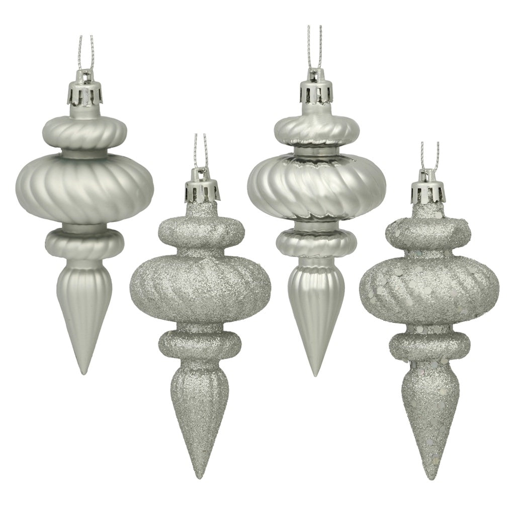 4" Silver Finial Shiny Matte Glitter Sequin Ornament (8 pack) 1
