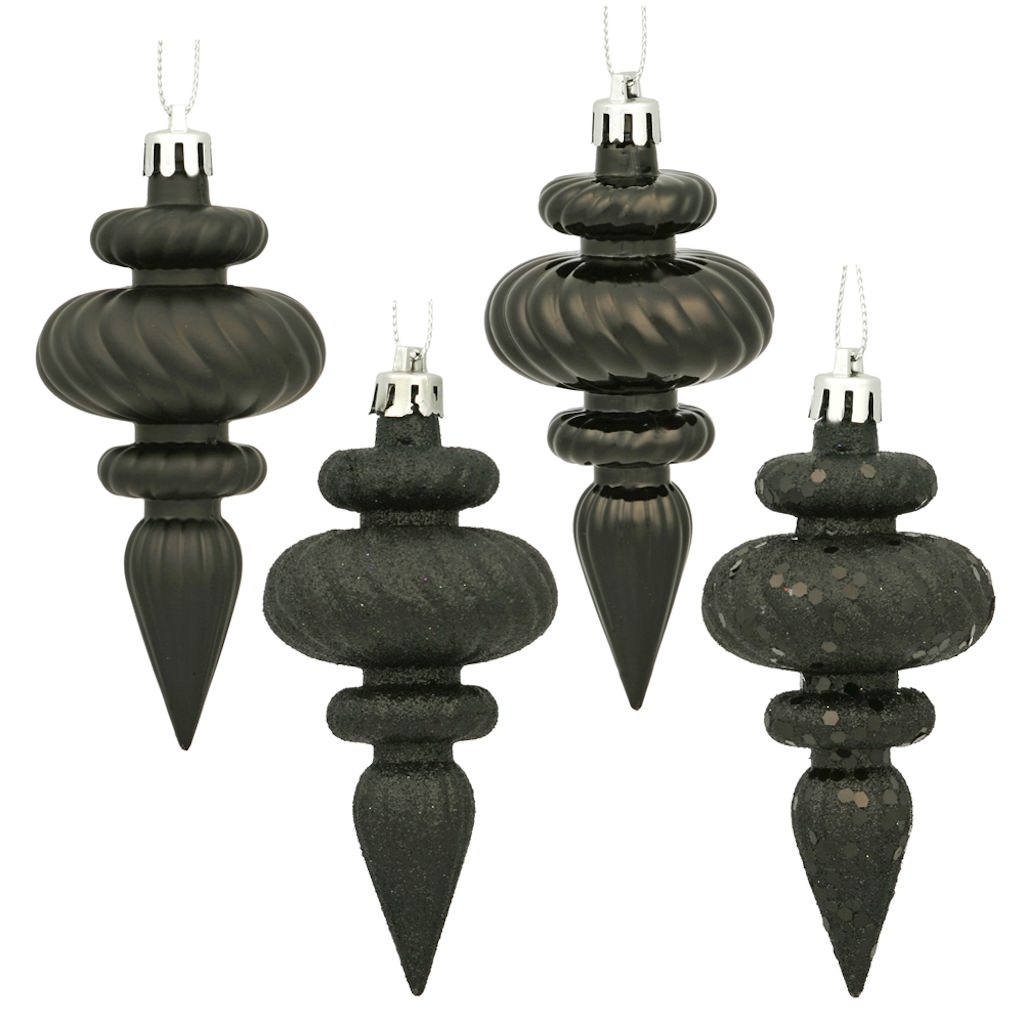 4" Black Shiny Matte Glitter Sequin Finial Ornament (8 pack) 1