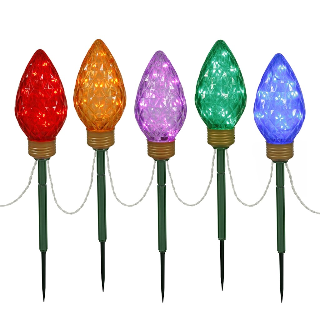 100 Light 8.5" Multi-Color Faceted C9 LED 5 Piece Lawn Stake Set 1
